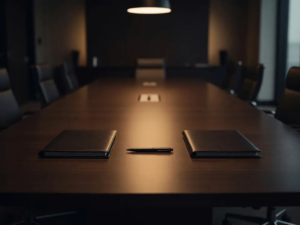 Two closed leather portfolios and a pen side by side on a long walnut conference table under a warm pendant light